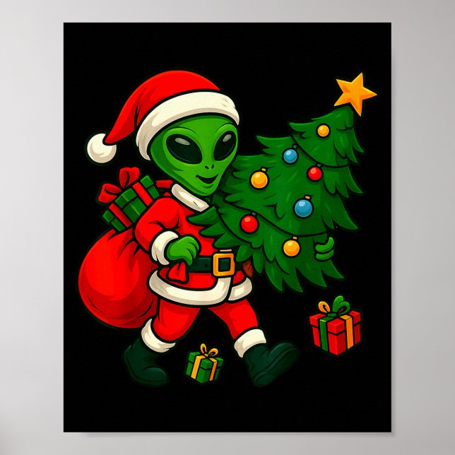 Alien Christmas Tree Xmas Lights Funny Holiday Men Poster (Front)