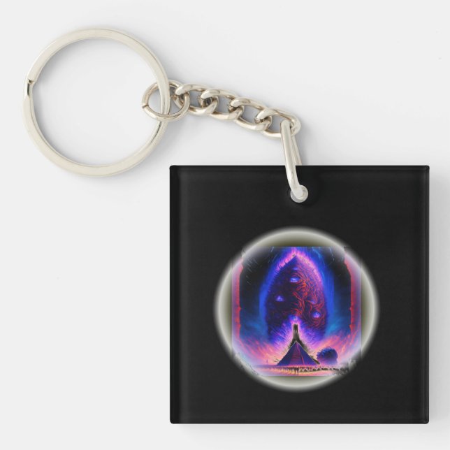 Alien Cocoon Hovers Above Pyramid Crowd Watches Keychain (Front)