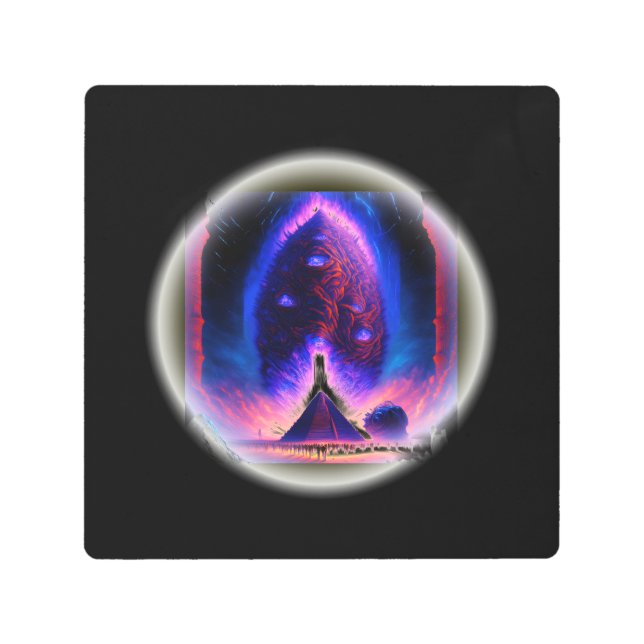 Alien Cocoon Hovers Above Pyramid Crowd Watches Metal Print (Front)