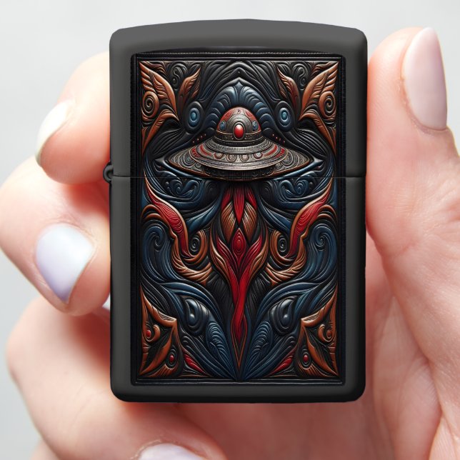 Alien Craft Amid Vibrant Patterns Zippo Lighter (In Hand)