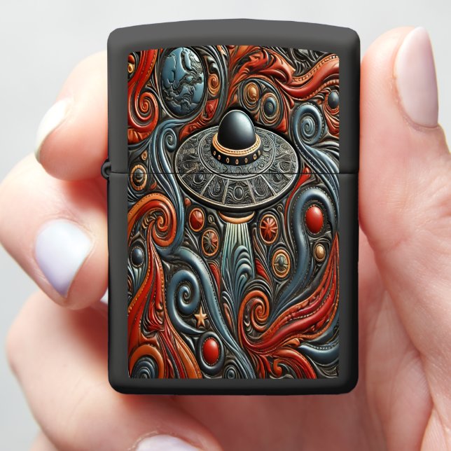Alien Craft Gliding Through Bright Cosmos Zippo Lighter (In Hand)