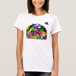Alien Creatures In Space Doodle Design T-Shirt