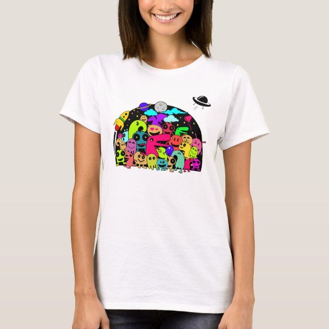 Alien Creatures In Space Doodle Design T-Shirt (Front)
