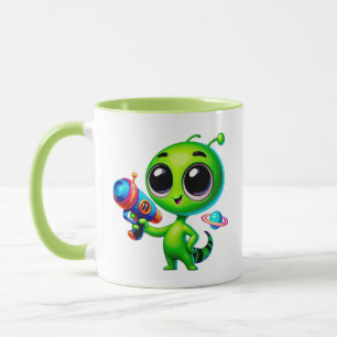 Alien cute with a laser gun and planet mug