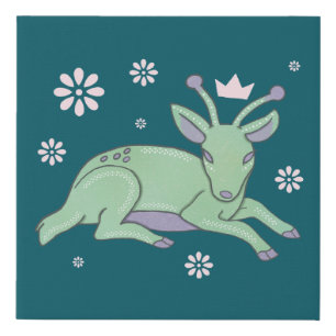 Alien Deer Folk Art   Whimsical Green Fawn Faux Canvas Print