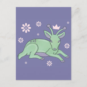 Alien Deer Folk Art Whimsical Green Fawn Postcard