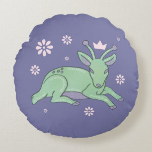Alien Deer Folk Art Whimsical Green Fawn Round Pillow