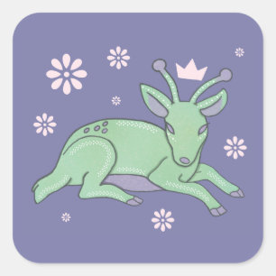 Alien Deer Folk Art   Whimsical Green Fawn Square Sticker