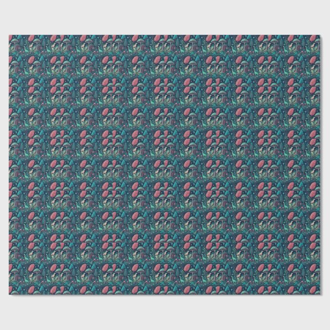 Alien Dinosaur Sci-Fi Neon Mushroom Forest Pattern Wrapping Paper (Flat)
