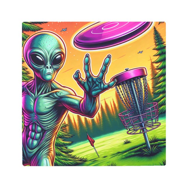 Alien Disc Golf Pin Basket Metal Print (Front)
