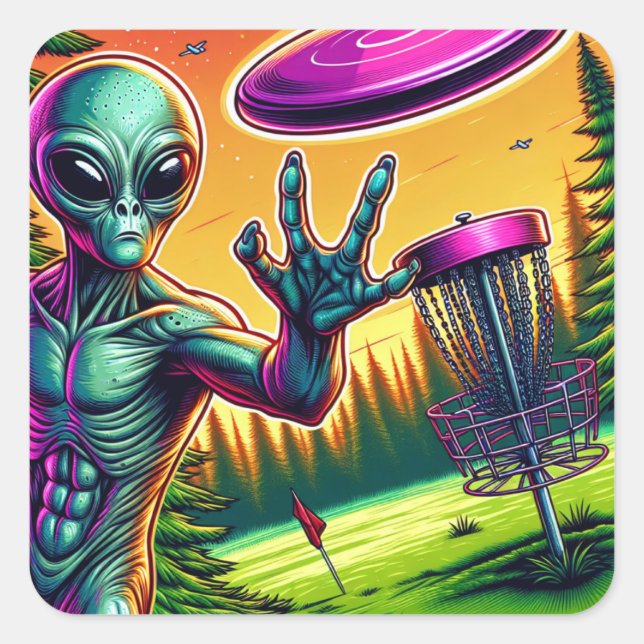 Alien Disc Golf Pin Basket Square Sticker (Front)