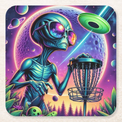 Alien Disc Golf   Square Paper Coaster