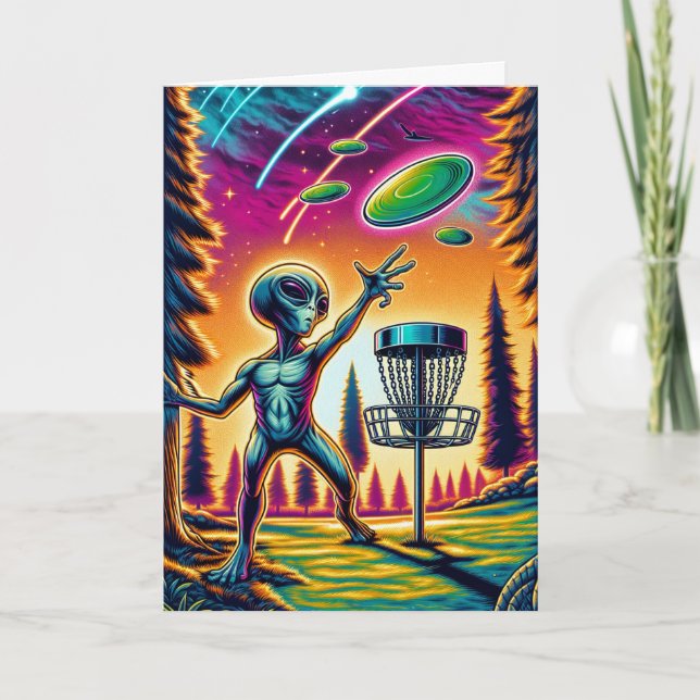 Alien Disc Golfing Happy Birthday Card (Front)