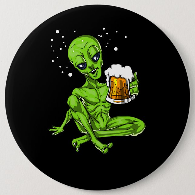 Alien Drinking Beer Space UFO Cosmic Party Button (Front)