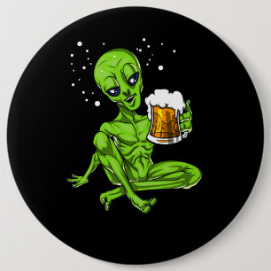 Alien Drinking Beer Space UFO Cosmic Party Button