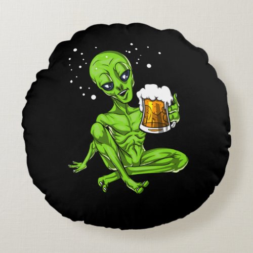 Alien Drinking Beer Space UFO Cosmic Party Round Pillow