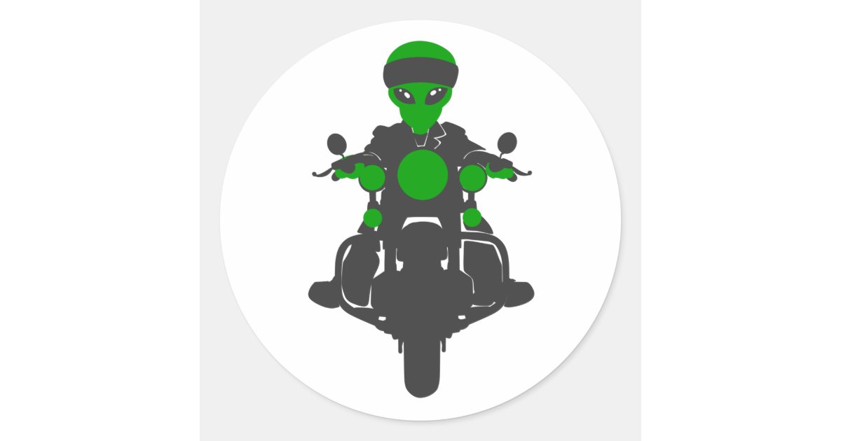 Alien driving a motorcycle rides classic round sticker | Zazzle