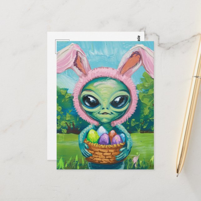 Alien Easter Bunny Postcard (Front/Back In Situ)