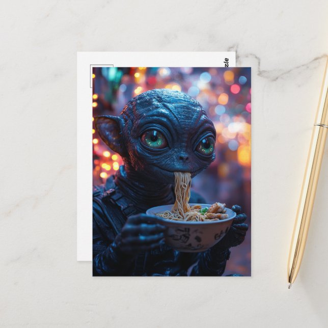 Alien Eating Noodles Postcard (Front/Back In Situ)