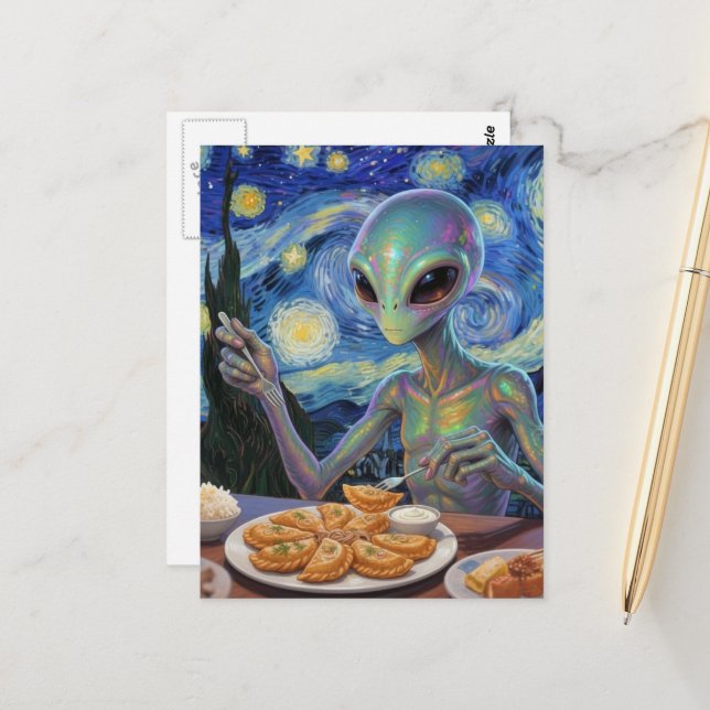 Alien Eating Perogies Postcard (Front/Back In Situ)