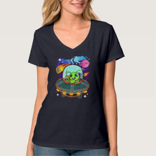 Alien Eating Pizza in Spaceship UFO Lover Space Tr T_Shirt