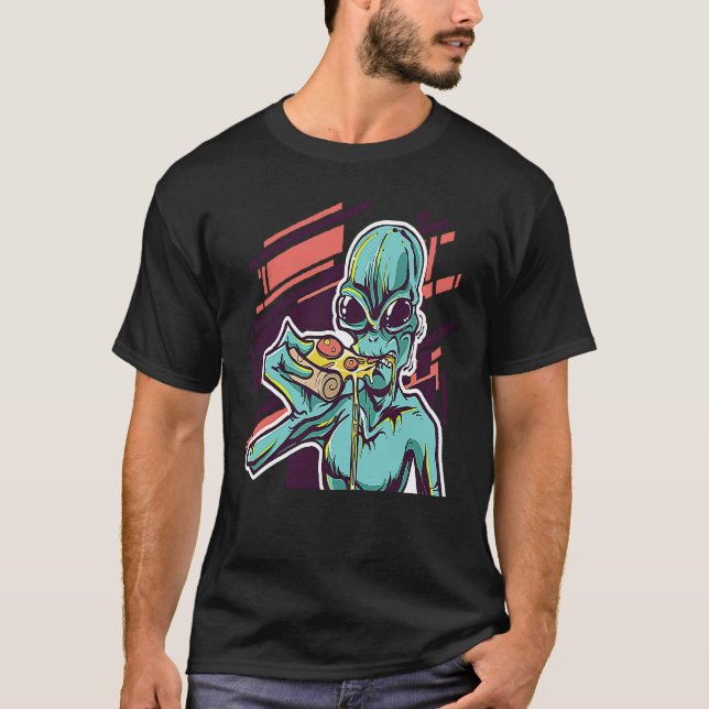 Alien Eating Pizza Modern UFO Martian T-Shirt (Front)