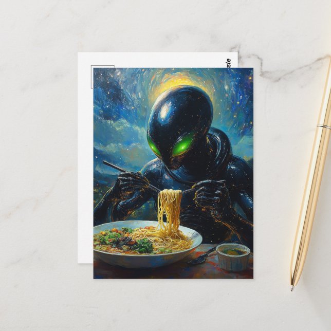 Alien Eating Ramen Postcard (Front/Back In Situ)