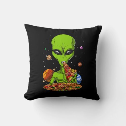 Alien Eating Space Pizza Throw Pillow