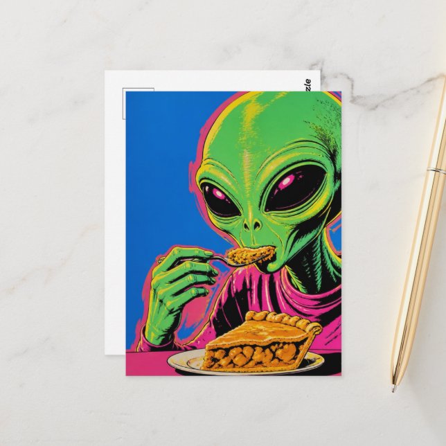 Alien Eats Apple Pie Pop Art Postcard (Front/Back In Situ)