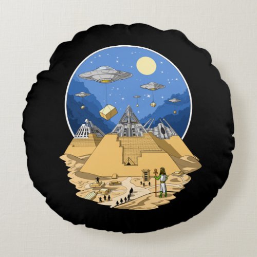 Alien Egyptian Pyramids Round Pillow