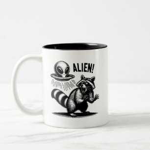 Alien Encounter Unisex T-shirt, Scared Raccoon Two-Tone Coffee Mug