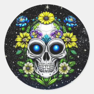 Alien Extraterrestrial with Blue Eyes and Flowers Classic Round Sticker