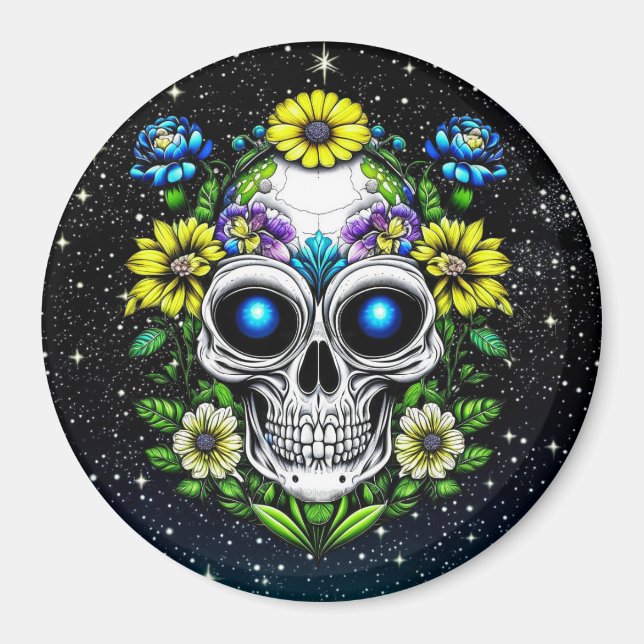 Alien Extraterrestrial with Blue Eyes and Flowers Magnet (Front)