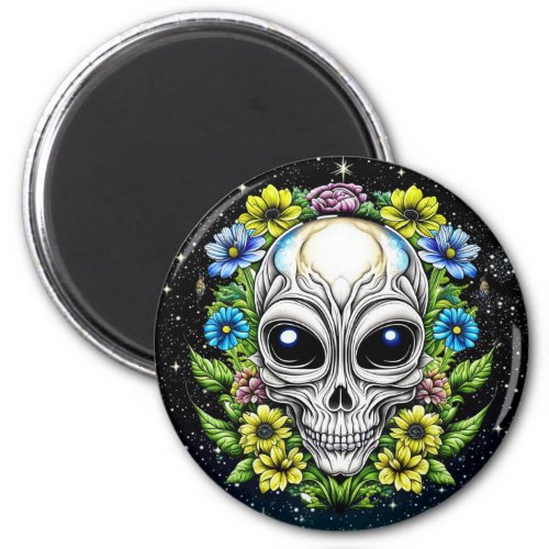 Alien Extraterrestrial with Blue Eyes and Flowers Magnet