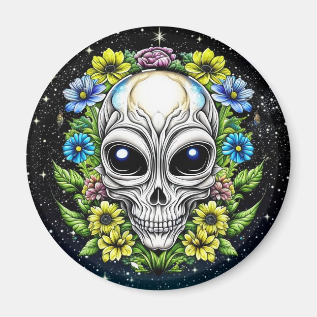Alien Extraterrestrial with Blue Eyes and Flowers Magnet (Front)