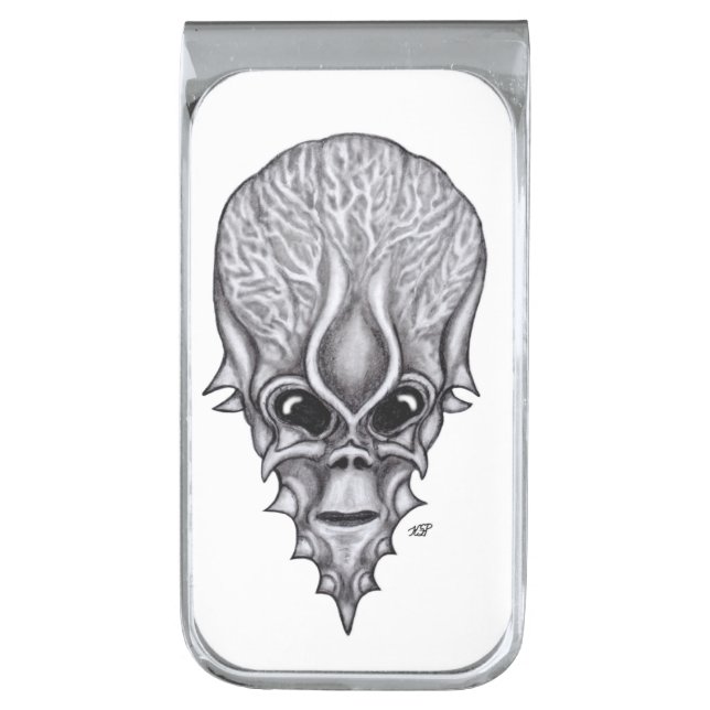 Alien Face , African Skull Facial Reconstruction Silver Finish Money Clip (Front Vertical)