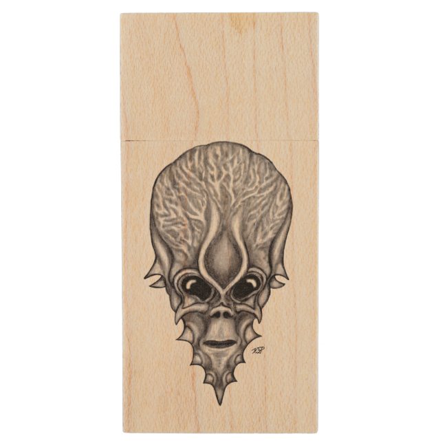 Alien Face , African Skull Facial Reconstruction Wood Flash Drive (Front Vertical)