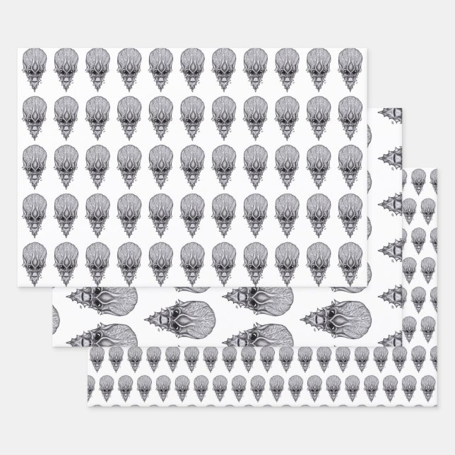 Alien Face , African Skull Facial Reconstruction Wrapping Paper Sheets (Set)