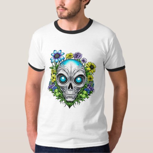 Alien Face and Flowers Ai Art T_Shirt