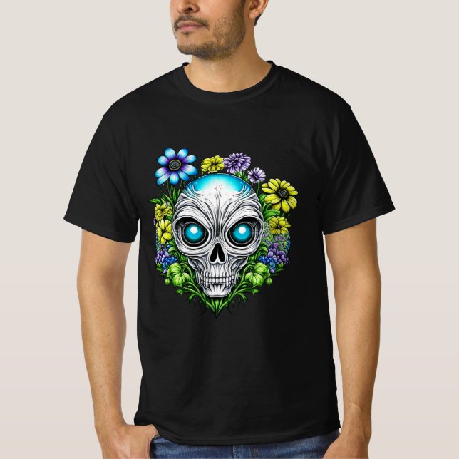 Alien Face and Flowers Ai Art T-Shirt (Front)