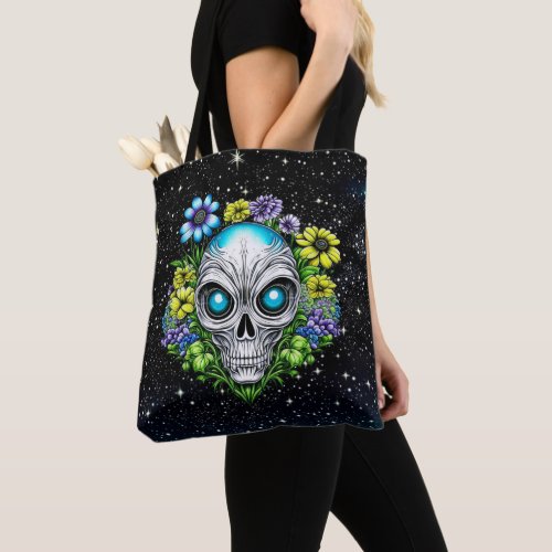 Alien Face and Flowers Ai Art Tote Bag