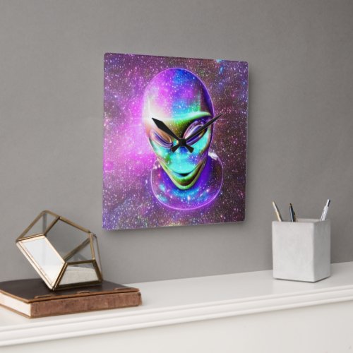 Alien Face come out of the Galaxy Sky Square Wall Clock