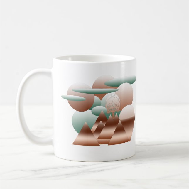 Alien face in abstract space art coffee mug (Left)