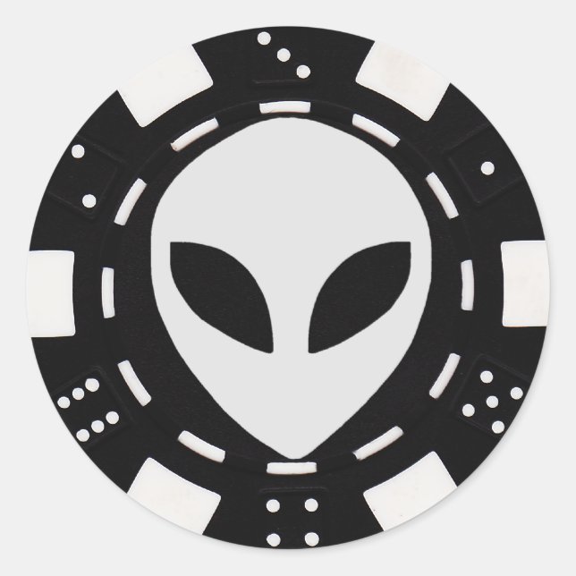 alien face poker chip black classic round sticker (Front)