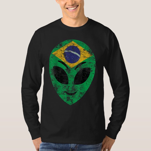 Alien Face Vintage Brazil Flag T-Shirt (Front)
