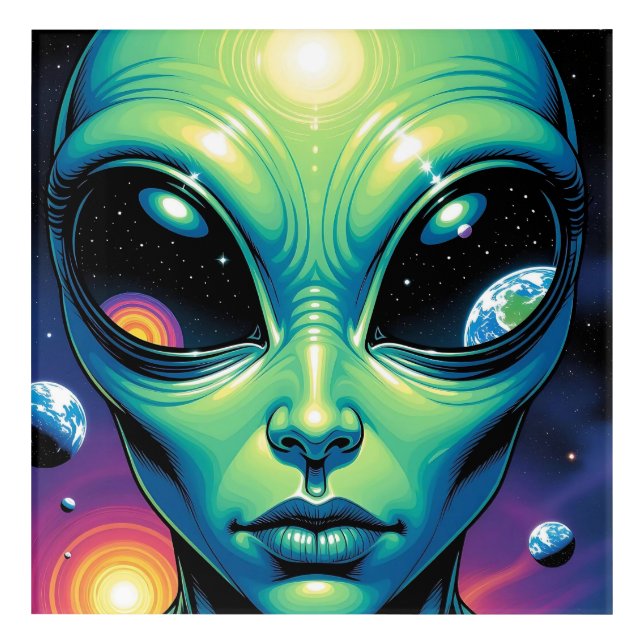 Alien Face with Planets Reflections in Eyes Acrylic Print (Front)