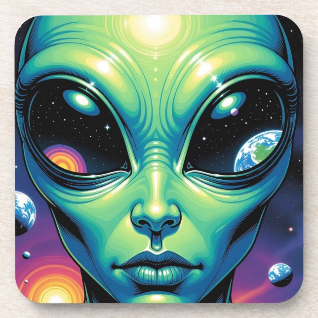 Alien Face with Planets Reflections in Eyes Beverage Coaster (Front)