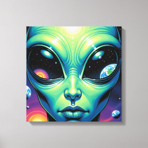 Alien Face with Planets Reflections in Eyes Canvas Print