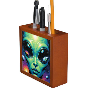 Alien Face with Planets Reflections in Eyes Desk Organizer