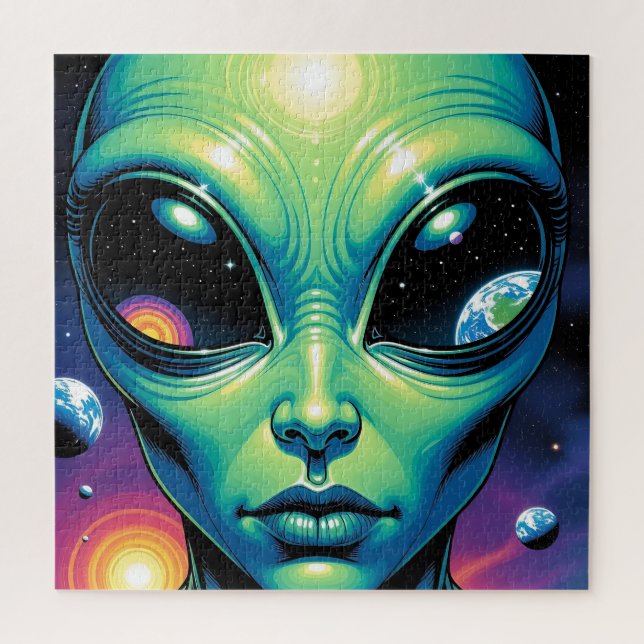Alien Face with Planets Reflections in Eyes Jigsaw Puzzle (Vertical)